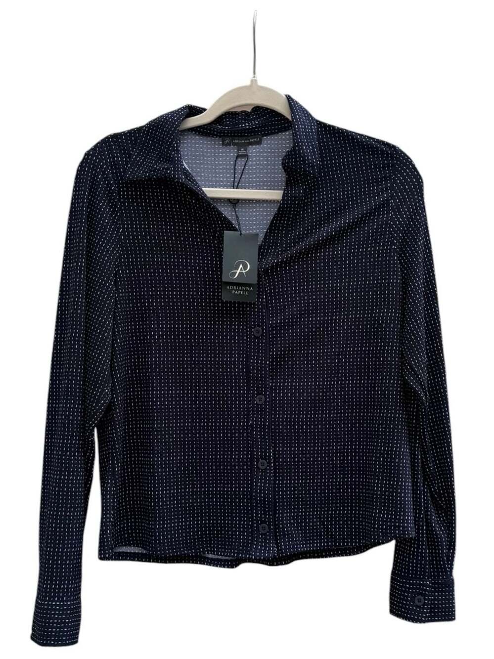 Adrianna Papell Navy and White Geometric Print Button-Down Long Sleeve Blouse